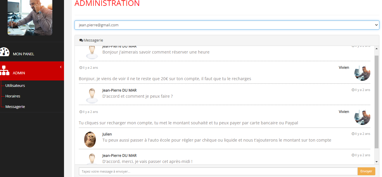 Messagerie client/adminsitrateur/moniteurs.
